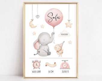 Geburtsdaten Poster Geburtsposter personalisiert Kinderzimmer Deko Elefant rosa