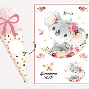 Applikation Aufnäher Schultüte personalisiert mit Name, Koala Blumen