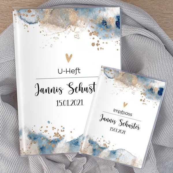 U-Heft-Hülle Impfpass Reisepass, personalisiert Aquarell blau