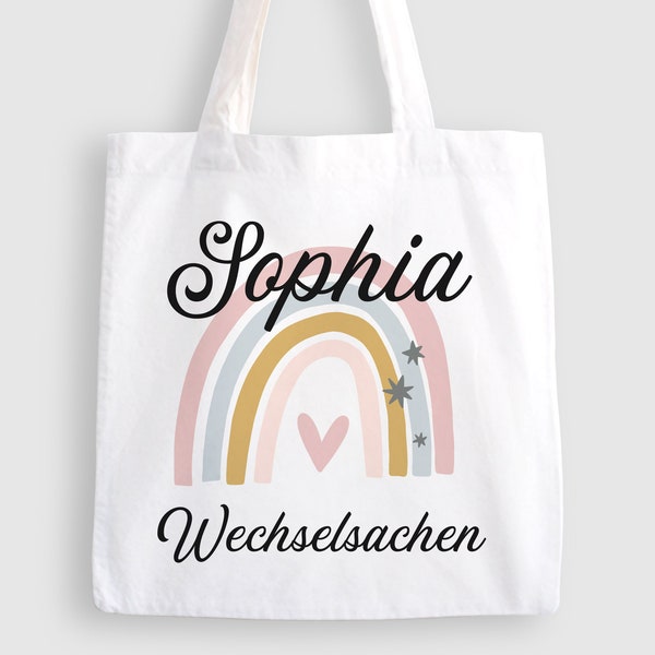 Stofftasche Wechselsachen Wechselwäsche, Kindergarten Tasche mit Name personalisiert Regenbogen