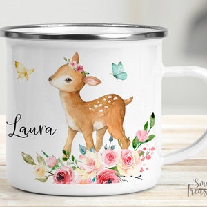 Tasse Kindertasse Emaille Kunststoff Keramik Becher personalisiert, Aquarell Reh Blumen