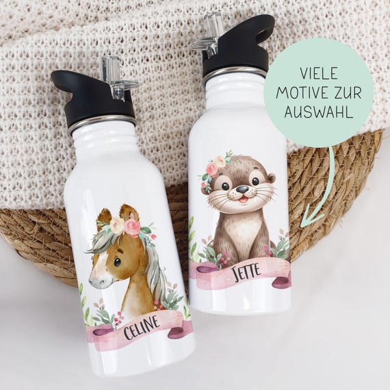 Personalisierte Flasche für Kinder | Trinkflasche mit Namen und Tiermotiv | Schule Kindergarten