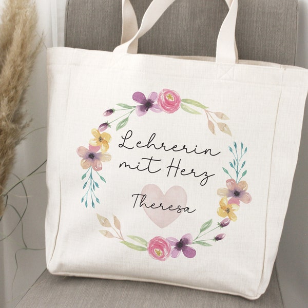 Tasche Shopper Erzieherin Lehrerin Tagesmutter, Blumenkranz mit Name