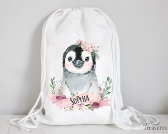 Stoffbeutel Turnbeutel Rucksack, Kindergartentasche mit Name personalisiert Pinguin Aquarell