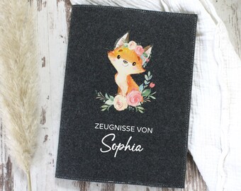 Zeugnismappe mit Fuchs Filz dunkelgrau, personalisiert