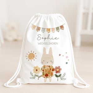 Turnbeutel Hase für Kinder | Stoffbeutel mit Namen | Stofftasche personalisiert | Wechselsachen Turnsachen