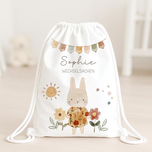 Turnbeutel Hase für Kinder | Stoffbeutel mit Namen | Stofftasche personalisiert | Wechselsachen Turnsachen