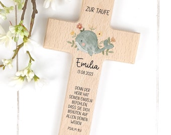 Taufkreuz für Kinder, Holzkreuz personalisiert Wal Kreuz