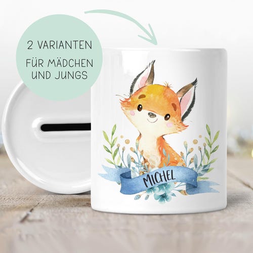 Kinderspardose Fuchs, Geschenkidee für Kinder, Baby Geschenk, Geldgeschenk, Taufgeschenk personalisiert, Spardose