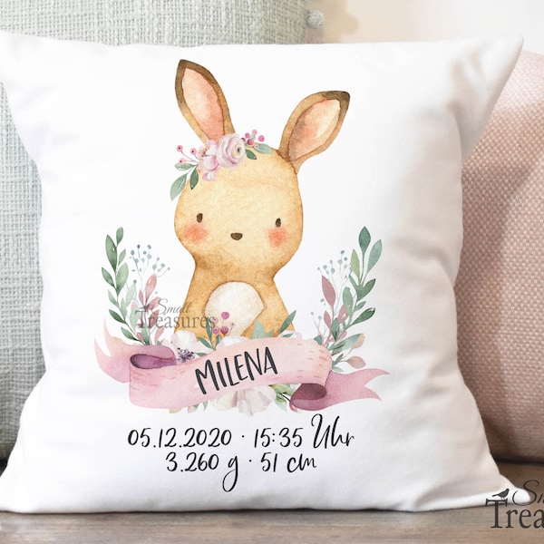 Kissen Kinderkissen Hase Mädchen Namenskissen Geburt Geschenk personalisiert mit Name