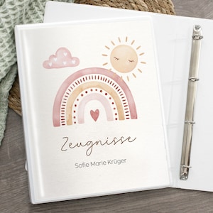 Zeugnismappe Zeugnisordner Regenbogen Boho personalisiert, Geschenk zur Einschulung, Schulkind