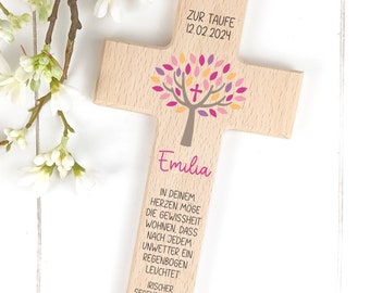 Holzkreuz Lebensbaum zur Taufe, Kommunion, Konfirmation personalisiert Kreuz