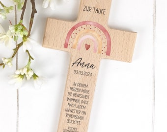 Holzkreuz Taufe, Kommunion, Konfirmation personalisiert Regenbogen Kreuz