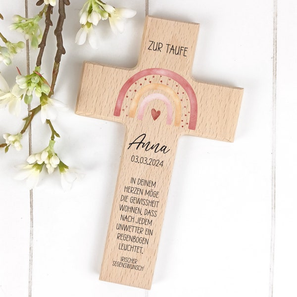 Holzkreuz Taufe, Kommunion, Konfirmation personalisiert Regenbogen Kreuz