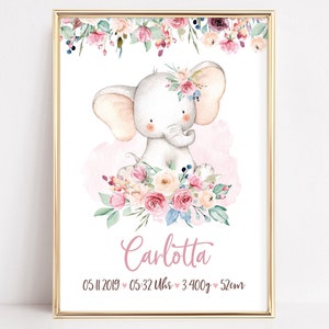 Geburtsposter Geburtsdaten personalisiert Kinderzimmer Deko Mädchen Elefant Blumen