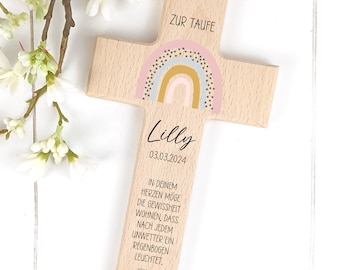 Kreuz für Kinder, personalisiert Regenbogen rosa Kommunionskreuz Taufkreuz Holzkreuz