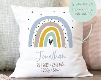 Kissen für Kinder mit Regenbogen, Namenskissen Kinderkissen, Geschenk zur Geburt personalisiert, Taufgeschenk rosa blau