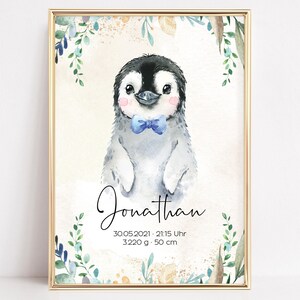 Geburtsposter Geburtsdaten personalisiert Kinderzimmer Deko Jungs Pinguin Blumen