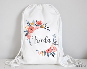 Stoffbeutel Turnbeutel Rucksack, Kindergartentasche mit Name personalisiert Blumenkranz Aquarell