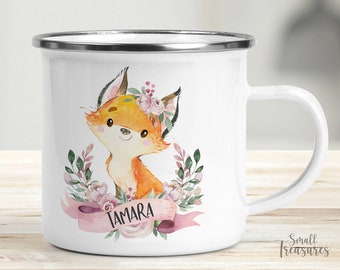 Tasse Kindertasse Emaille Kunststoff Keramik Becher personalisiert, Fuchs Aquarell rosa