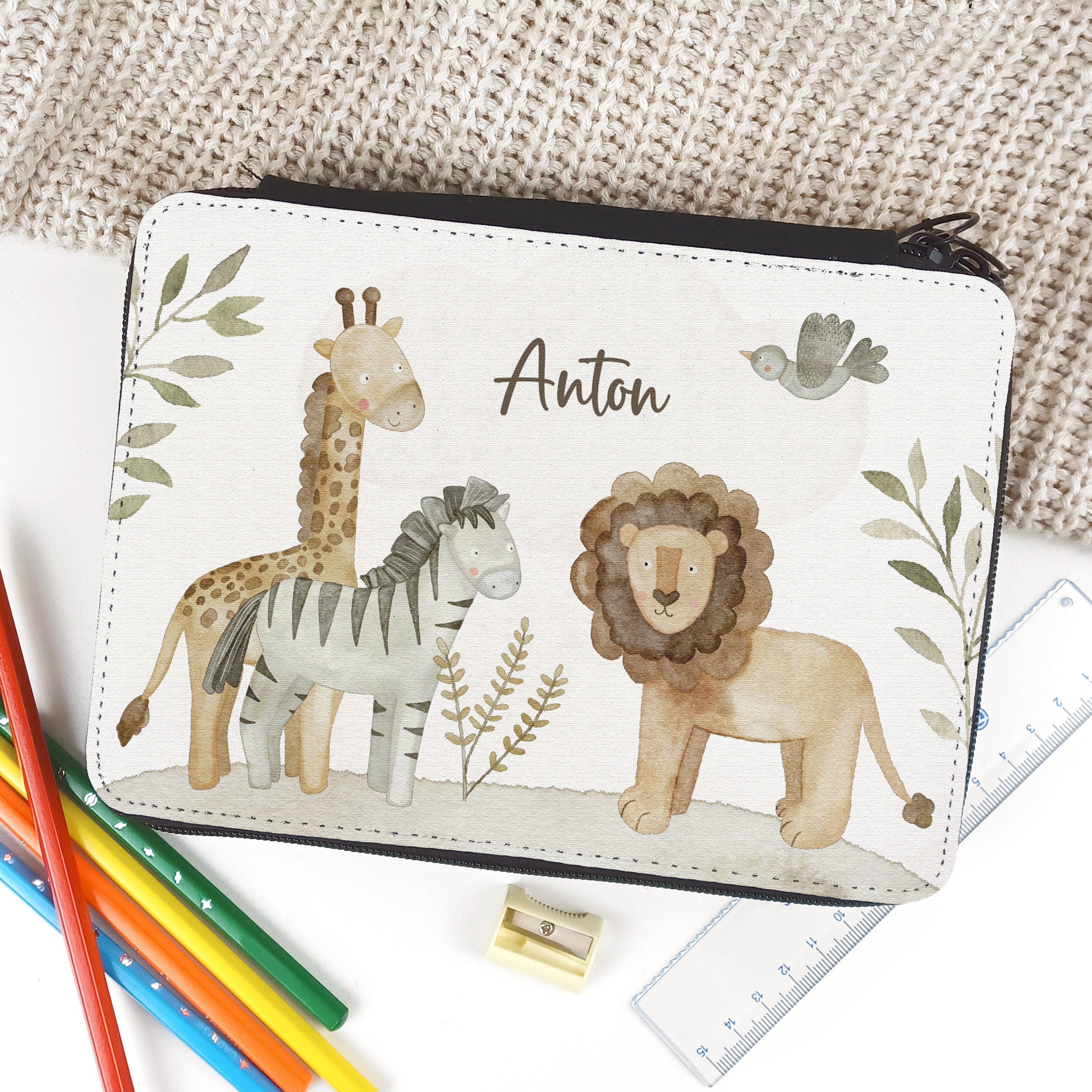 Mäppchen mit Name personalisiert, Federmäppchen mit Inhalt, Schulmäppchen, Federmappe Dschungel Boho