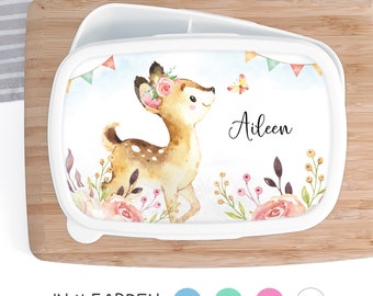 Brotdose für Kinder Brotbox Lunchbox personalisiert, Aquarell Reh Blumen