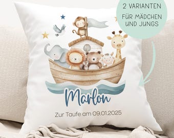 Taufgeschenk Kissen Arche Noah, Taufkissen Taufe, personalisiert mit Name, Patengeschenk, Geschenk zur Geburt, Kinderkissen