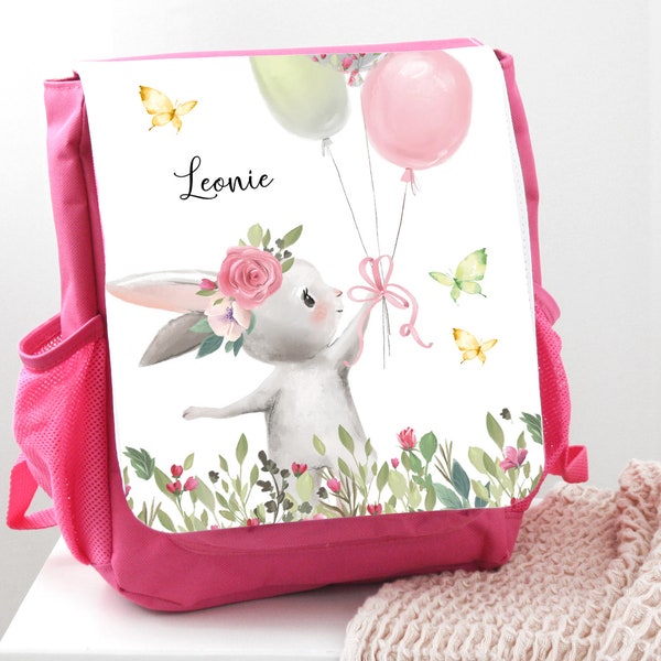 Rucksack für Kinder mit Namen personalisiert, Kindergartenrucksack Mädchen Hase Ballons