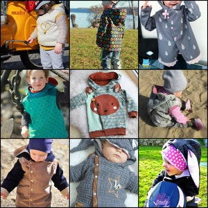 Puede incluir: Un collage de nueve im&aacute;genes que muestran diferentes prendas de vestir para ni&ntilde;os. Las im&aacute;genes presentan una variedad de estilos, colores y patrones, incluyendo un chaleco verde con capucha, una chaqueta con capucha marr&oacute;n y verde con una cara de zorro, una chaqueta con capucha gris con una cinta rosa, un chaleco marr&oacute;n con un dise&ntilde;o de coraz&oacute;n, un su&eacute;ter de punto gris con un dise&ntilde;o de estrella, una chaqueta con capucha gris y marr&oacute;n, un gorro de conejo rosa y gris, y una chaqueta con estampado azul y blanco.