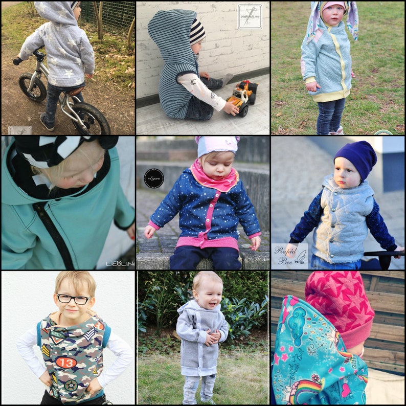 Puede incluir: Un collage de nueve im&aacute;genes que muestran diferentes estilos de chaquetas y chalecos con capucha para ni&ntilde;os. Las im&aacute;genes presentan varios colores, patrones y telas, incluyendo azul, gris, rosa y verde. Algunas de las chaquetas tienen cremalleras, mientras que otras tienen botones. Las chaquetas est&aacute;n todas dise&ntilde;adas para ni&ntilde;os y son perfectas para capas en climas m&aacute;s fr&iacute;os.