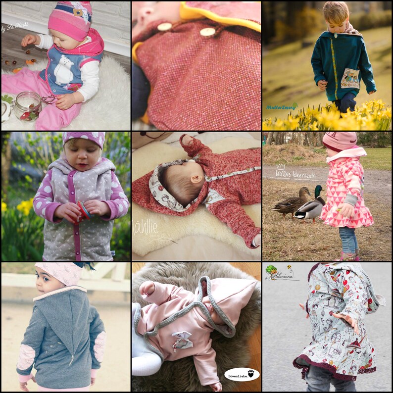 Puede incluir: Un collage de nueve im&aacute;genes que muestran diferentes estilos de chaquetas con capucha para beb&eacute;s y ni&ntilde;os peque&ntilde;os. Las chaquetas presentan varios colores, patrones y telas, incluyendo rosa, azul, gris y rojo. Algunas chaquetas tienen una capucha con un lindo dise&ntilde;o de animal, mientras que otras tienen un dise&ntilde;o simple. Las im&aacute;genes se toman desde diferentes &aacute;ngulos, mostrando las chaquetas desde el frente, la espalda y el lado.