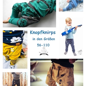 Puede incluir: Un collage de fotos que muestran diferentes estilos de pantalones para niños. Los pantalones están hechos de varias telas y tienen diferentes patrones. El texto "Knopfknirps in den Größen 56-110" es visible en el centro de la imagen.