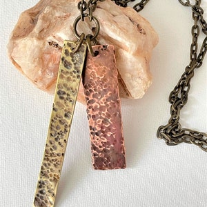 Mens or unisex necklace, copper and brass hand textured and oxidized pendants on an antique brass chain