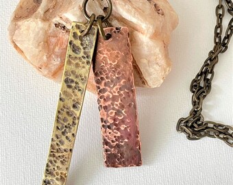 Mens or unisex necklace, copper and brass hand textured and oxidized pendants on an antique brass chain