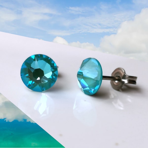 Titanium Turquoise Delite Laguna Stud Earrings. 6.5mm Wide, Nickel Free Hypoallergenic Earrings Made With Pure Titanium