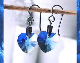 Titanium Sapphire Blue Heart Drops. Made with Sapphire Coloured Crystals & Pure Titanium. Hypoallergenic Nickel Free Earrings.