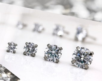 Pair of 316L Surgical Steel Round Cubic Zirconia Studs | Stackable Stud Earrings | Hypoallergenic | 3mm 4mm 5mm 6mm 7mm 8mm 9mm 10mm
