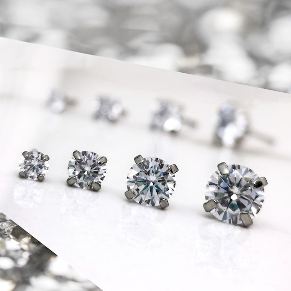Clear Cubic Zirconia Titanium Stud Earrings – Hypoallergenic, Nickel-Free, Made in the UK – 3mm 4mm 5mm 6mm Sizes for Sensitive Ears