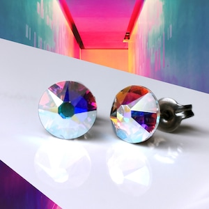 Titanium Crystal Rainbow AB Stud Earrings. 6.5mm Wide, Nickel Free Hypoallergenic Earrings Made With Pure Titanium