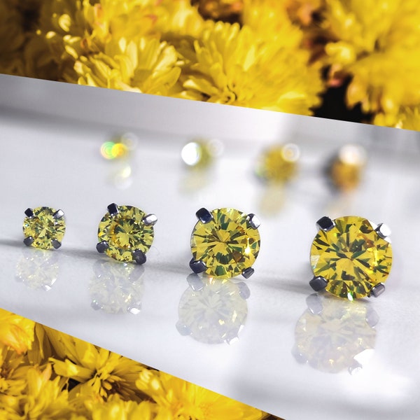 Titanium Sunny Yellow CZ Studs. 3mm 4mm 5mm & 6mm, Nickel Free Earrings. Pure Titanium and Yellow Cubic Zirconia.