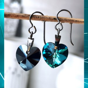 Titanium Peacock Blue & Green Heart Drops. Made with Bermuda Blue Crystals and Pure Titanium. Hypoallergenic Nickel Free Earrings.