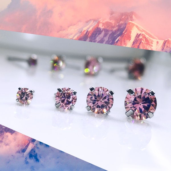 Titanium Peach Pink CZ Studs. 3mm 4mm 5mm & 6mm, Nickel Free Earrings. Pure Titanium and Rhodolite Cubic Zirconia.