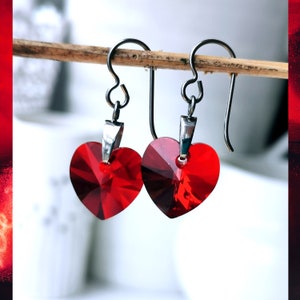 Titanium Rich Red Heart Drops. Made with Siam Crystals & Pure Titanium. Hypoallergenic Nickel Free Earrings.