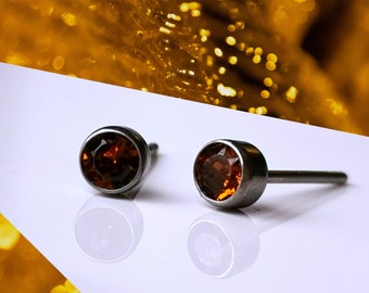 Titanium Smoked Topaz Coloured 4mm Stud Earrings. Nickel Free Hypoallergenic Earrings Made With Titanium for November Birthday