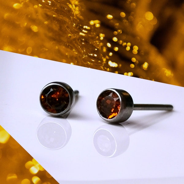 Titanium Smoked Topaz Coloured 4mm Stud Earrings. Nickel Free Hypoallergenic Earrings Made With Titanium for November Birthday