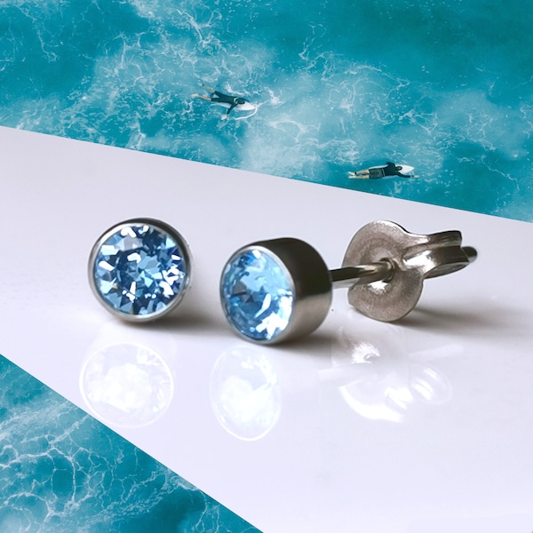 Titanium Blue Aquamarine Coloured 4mm Stud Earrings. Nickel Free Hypoallergenic Earrings Made With Titanium for March Birthday.