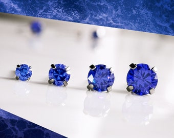 Titanium Tanzanite Blue CZ Studs. 3mm 4mm 5mm & 6mm, Nickel Free Earrings. Dark Blue Cubic Zirconia and Pure Titanium.