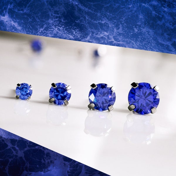 Titanium Tanzanite Blue CZ Studs. 3mm 4mm 5mm & 6mm, Nickel Free Earrings. Dark Blue Cubic Zirconia and Pure Titanium.