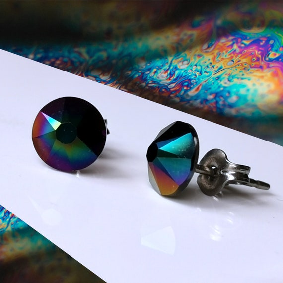 Titanium Rainbow Dark Crystal Stud Earrings. 6.5mm Wide Nickel
