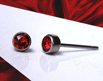 Titanium Burgundy Siam Red 4mm Stud Earrings. Nickel Free Hypoallergenic Earrings Made With Titanium